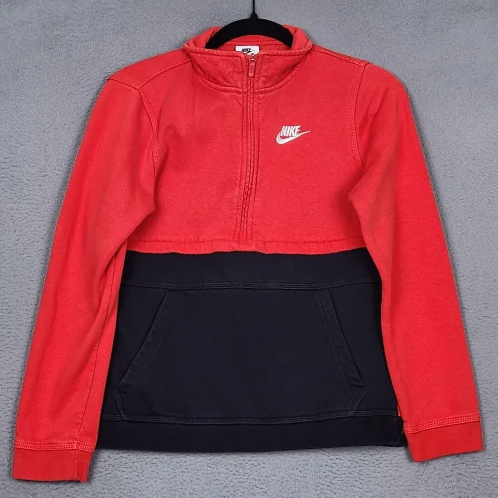 Nike Sweatshirt Kids Large Red Black Colorblock 1/4 Zip Fleece Logo DD8582-657